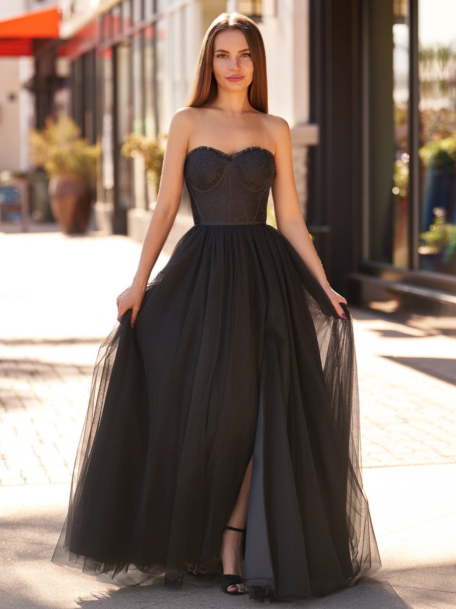 Talia Black A Line Sweetheart Corset Long Tulle Prom Dress with Slit