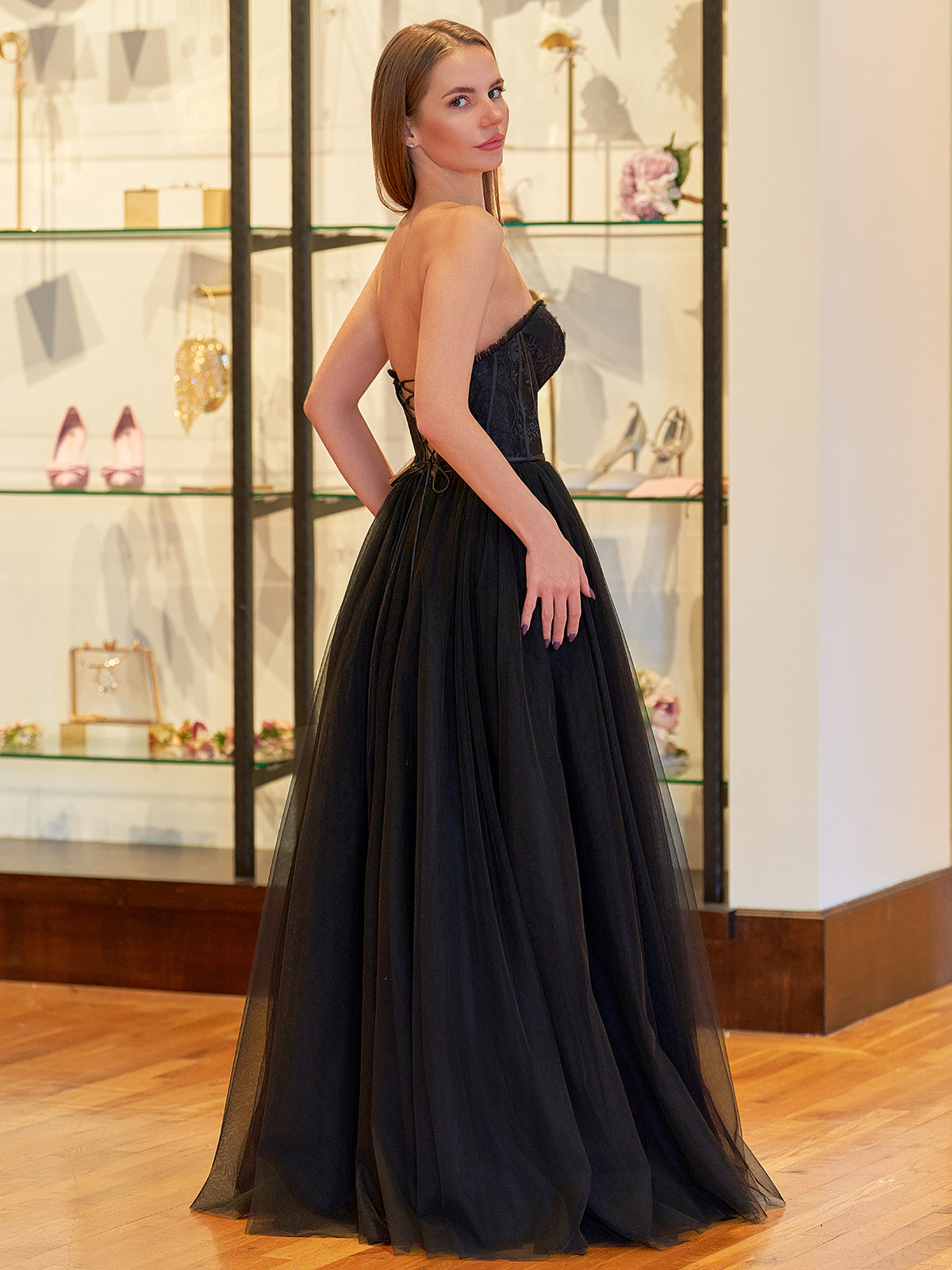 Talia Black A Line Sweetheart Corset Long Tulle Prom Dress with Slit Talia Black A Line Sweetheart Corset Long Tulle Prom Dress with Slit