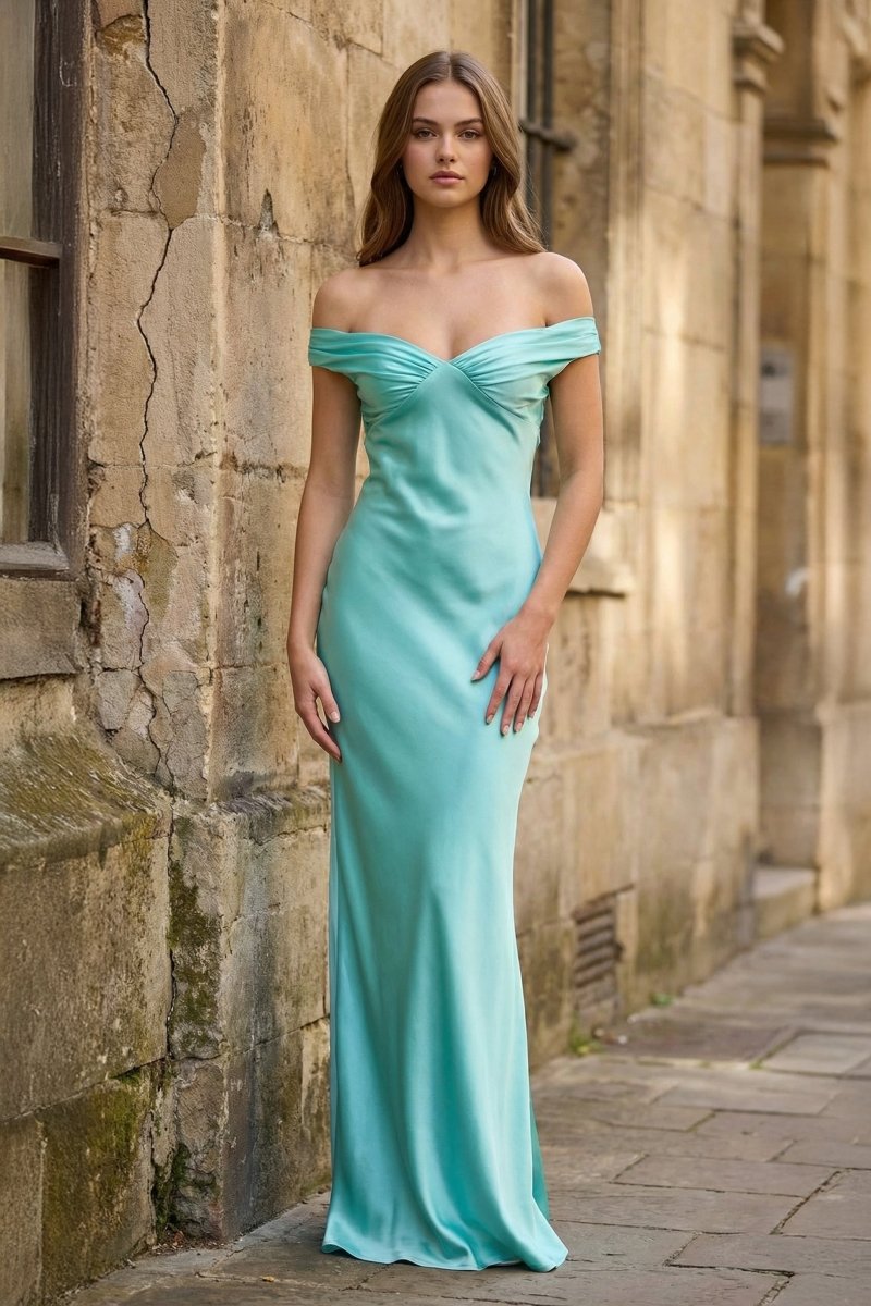 Aqua Off The Shoulder Sheath Satin Long Prom Dress - KissProm