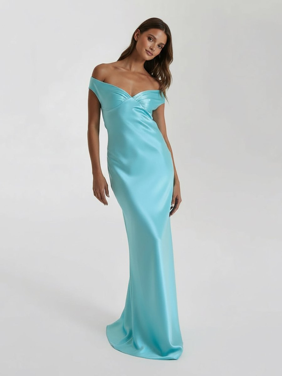 Coral - Off The Shoulder Sheath Satin Long Prom Dresses