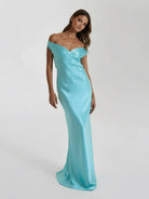 KissProm-Talulla Aqua Off The Shoulder Sheath Satin Long Prom Dress