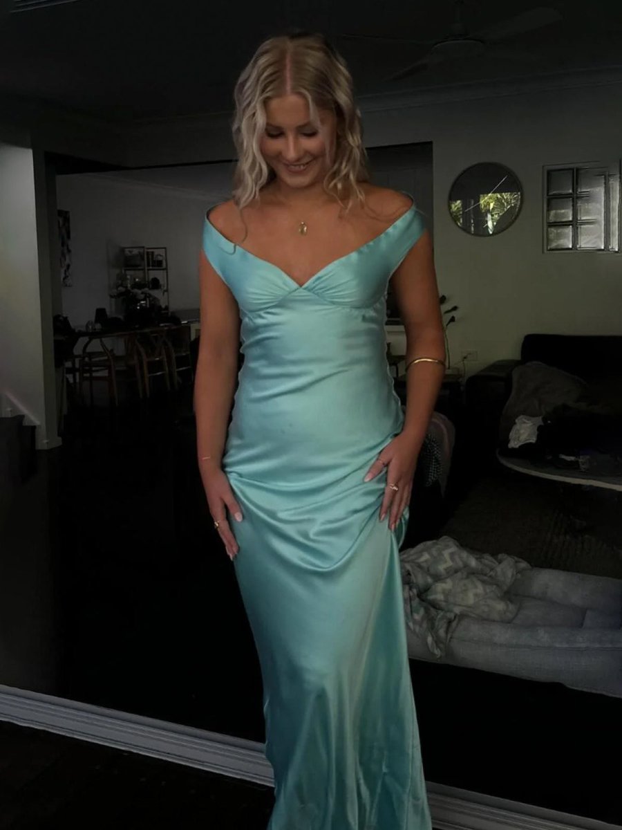 KissProm-Talulla Aqua Off The Shoulder Sheath Satin Long Prom Dress