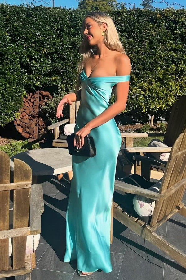 Aqua Off The Shoulder Sheath Satin Long Prom Dress – Prom Dresses by KissProm | Available at KissProm