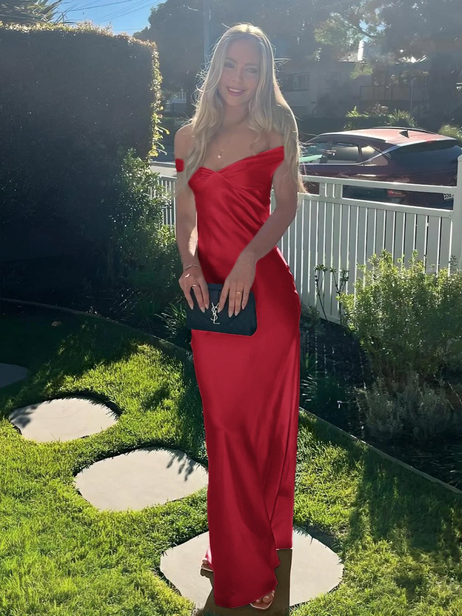 KissProm-Talulla Red Off The Shoulder Sheath Satin Long Prom Dress