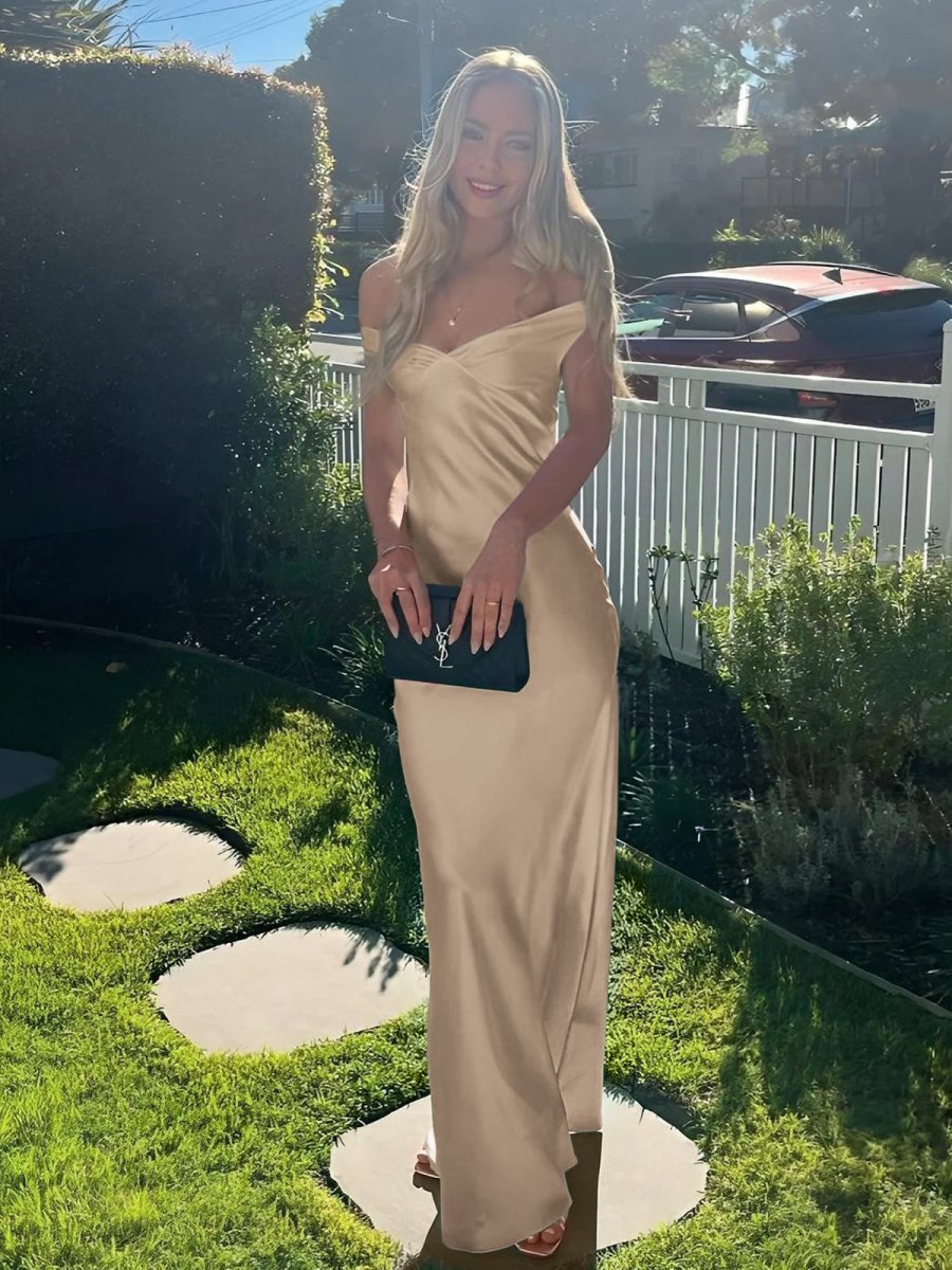 KissProm-Talulla Gold Off The Shoulder Sheath Satin Long Prom Dress