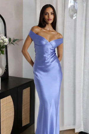 Aqua Off The Shoulder Sheath Satin Long Prom Dress – Prom Dresses by KissProm | Available at KissProm