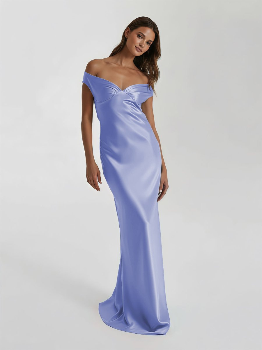 Talulla | Aqua Off The Shoulder Sheath Satin Long Prom Dress - KissProm