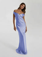 Talulla | Aqua Off The Shoulder Sheath Satin Long Prom Dress - KissProm