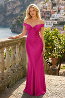Fuchsia Off The Shoulder Sheath Satin Long Prom Dress - KissProm
