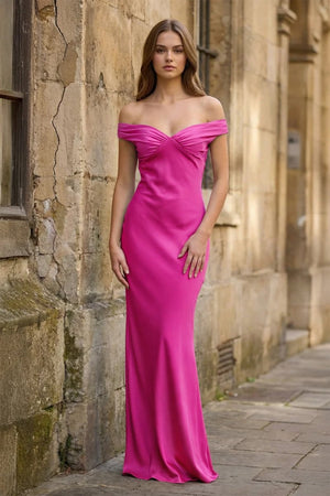 Aqua Off The Shoulder Sheath Satin Long Prom Dress - KissProm