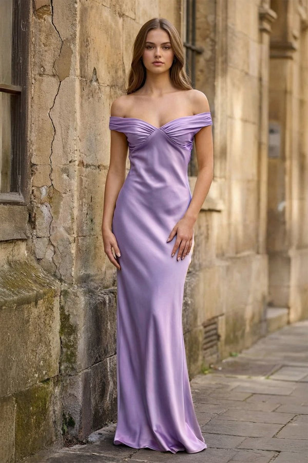 Aqua Off The Shoulder Sheath Satin Long Prom Dress - KissProm