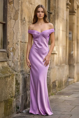 Aqua Off The Shoulder Sheath Satin Long Prom Dress - KissProm