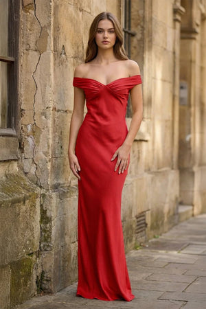 Aqua Off The Shoulder Sheath Satin Long Prom Dress - KissProm