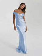 Talulla | Aqua Off The Shoulder Sheath Satin Long Prom Dress - KissProm