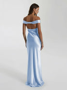 Talulla | Aqua Off The Shoulder Sheath Satin Long Prom Dress - KissProm