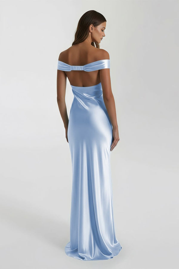 Aqua Off The Shoulder Sheath Satin Long Prom Dress – Prom Dresses by KissProm | Available at KissProm