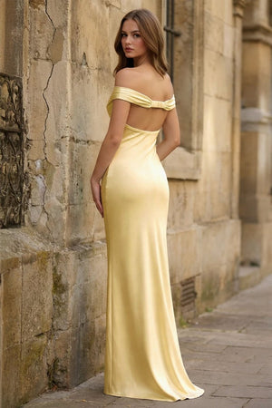 Aqua Off The Shoulder Sheath Satin Long Prom Dress - KissProm