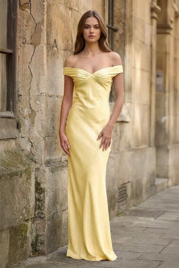 Aqua Off The Shoulder Sheath Satin Long Prom Dress - KissProm