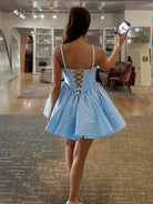 Talyssia | Sky Blue - Spaghetti Straps A Line Satin Beaded Homecoming Dresses With Bow - KissProm