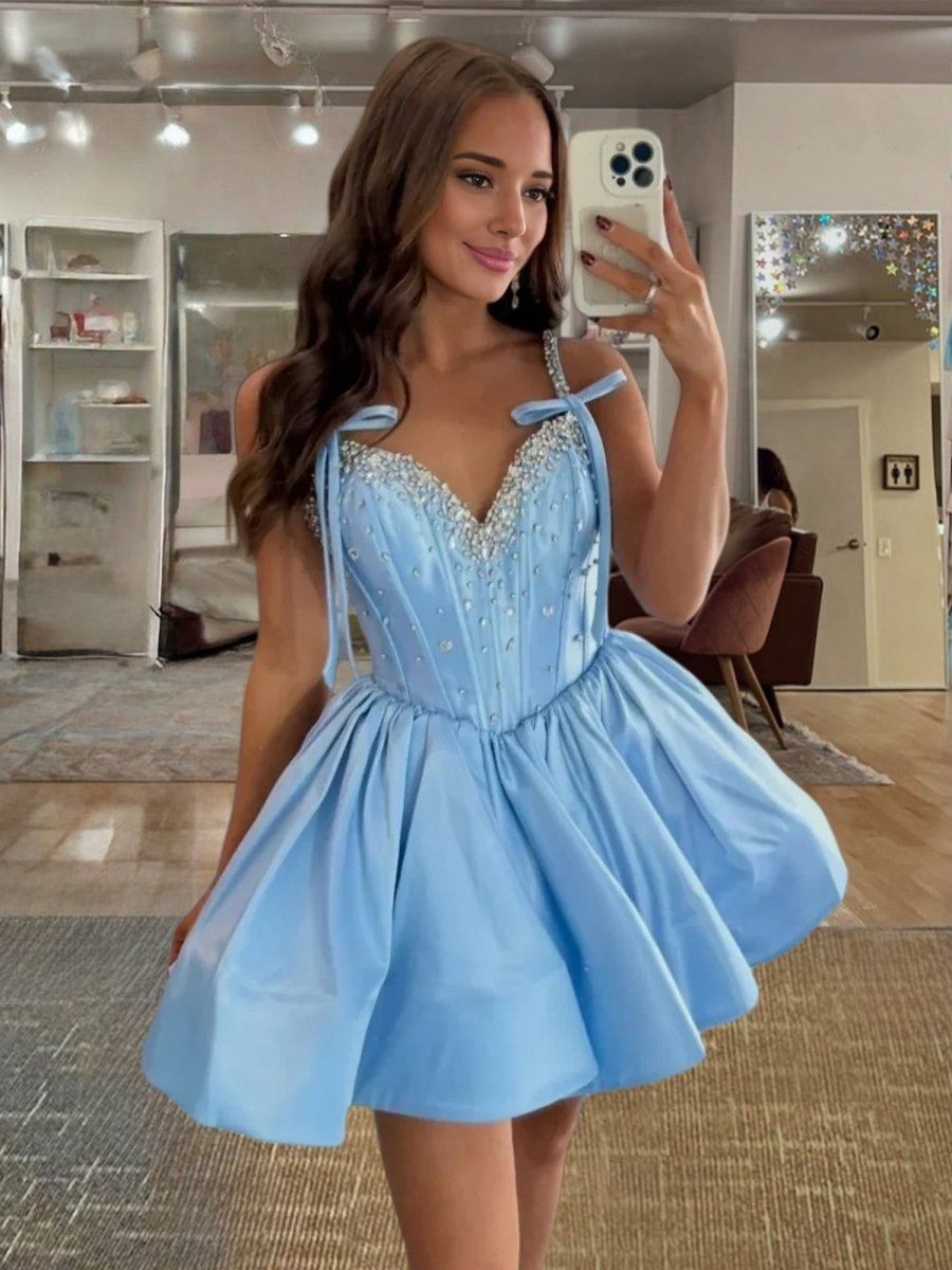Talyssia | Sky Blue - Spaghetti Straps A Line Satin Beaded Homecoming Dresses With Bow - KissProm