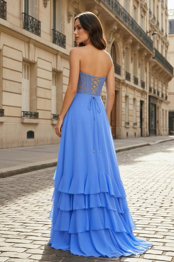 Blue - Strapless Chiffon Ruffled A Line Long Prom Dresses With Appliques - KissProm