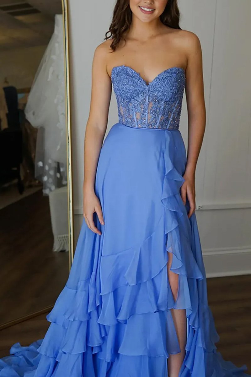 Tamira | Blue - Strapless Chiffon Ruffled A Line Long Prom Dresses With Appliques - KissProm