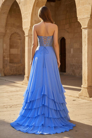 Blue - Strapless Chiffon Ruffled A Line Long Prom Dresses With Appliques - KissProm