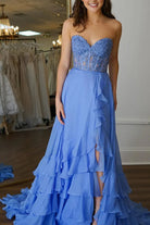 Tamira | Blue - Strapless Chiffon Ruffled A Line Long Prom Dresses With Appliques - KissProm