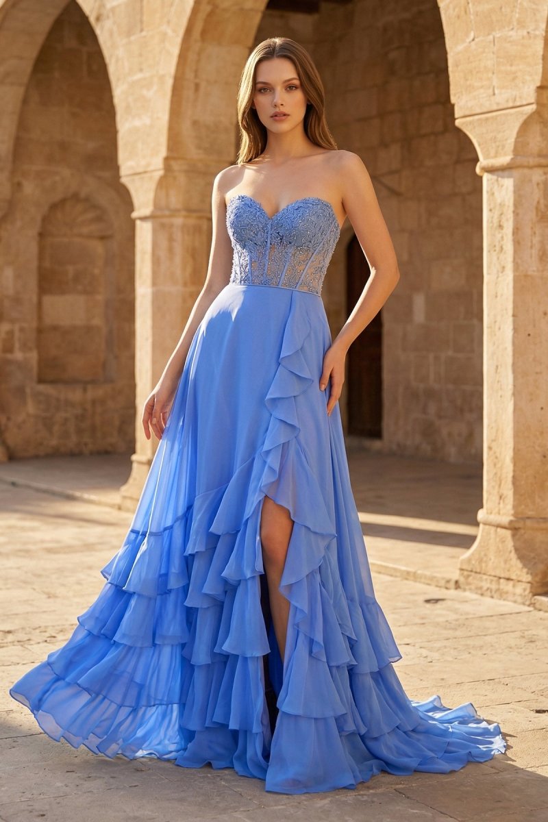 Blue - Strapless Chiffon Ruffled A Line Long Prom Dresses With Appliques - KissProm