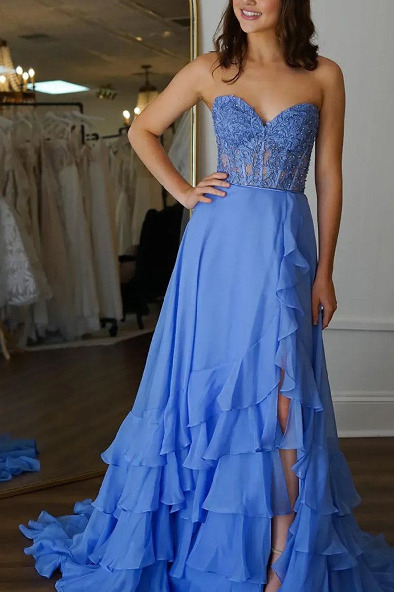 Tamira | Blue - Strapless Chiffon Ruffled A Line Long Prom Dresses With Appliques - KissProm
