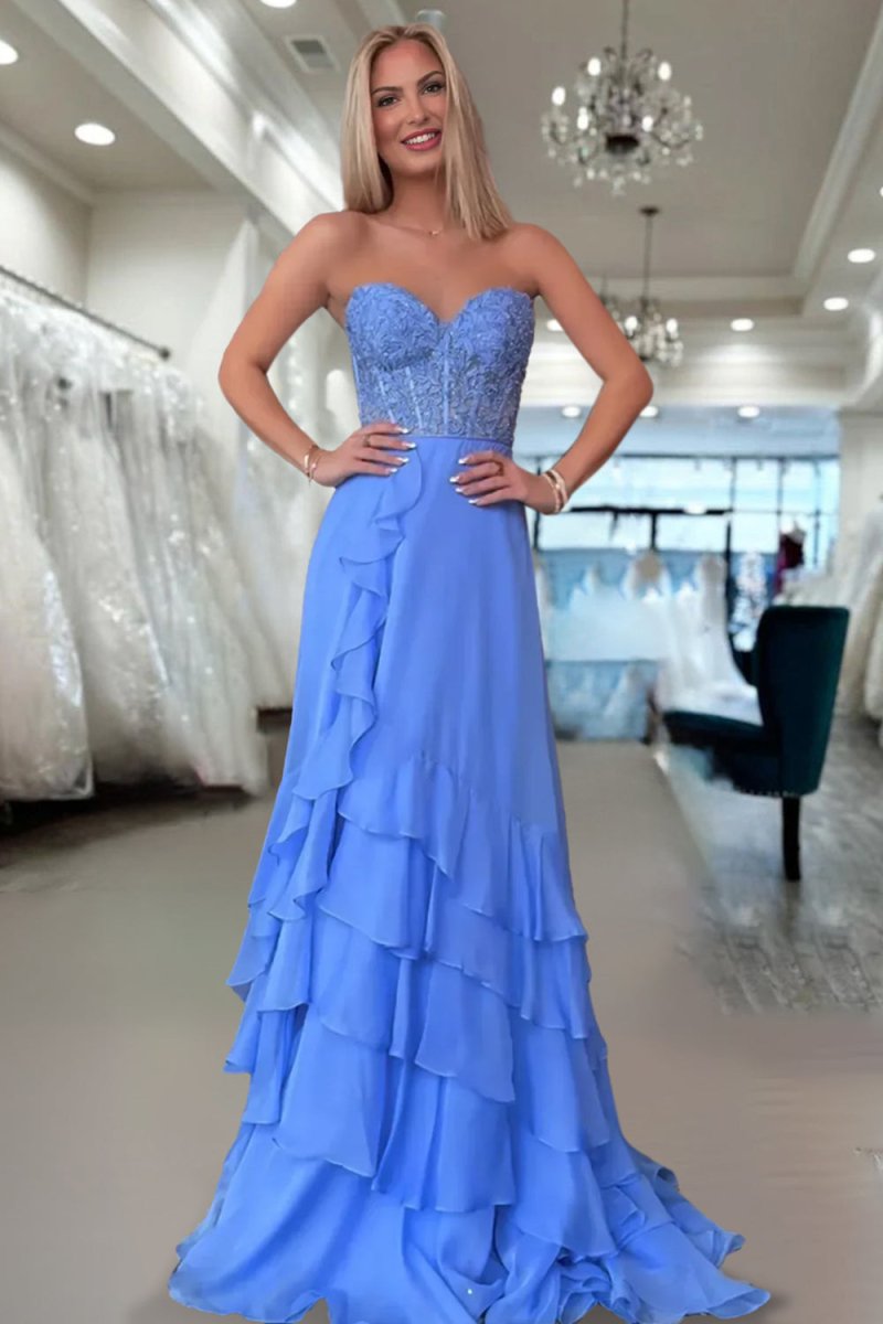 Tamira | Blue - Strapless Chiffon Ruffled A Line Long Prom Dresses With Appliques - KissProm