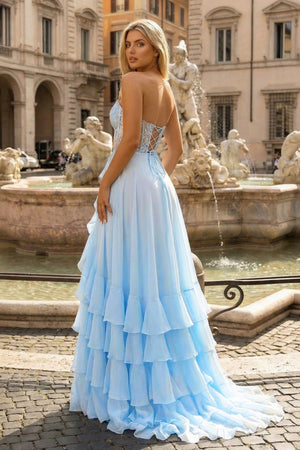 KissProm- Sky Blue - Strapless Chiffon Ruffled A Line Long Prom Dresses With Appliques
