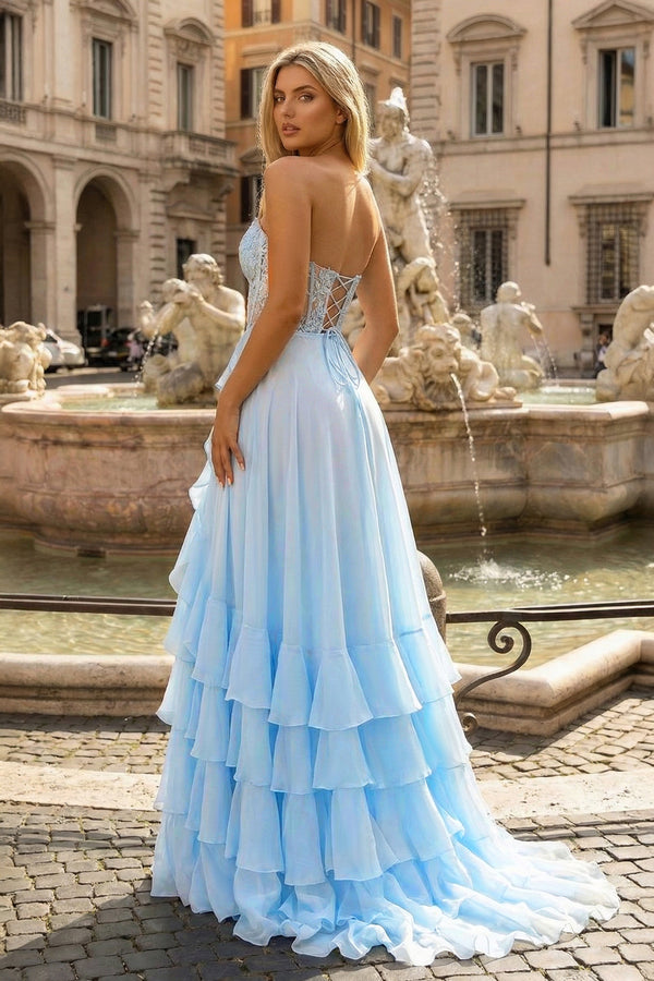 KissProm- Sky Blue - Strapless Chiffon Ruffled A Line Long Prom Dresses With Appliques