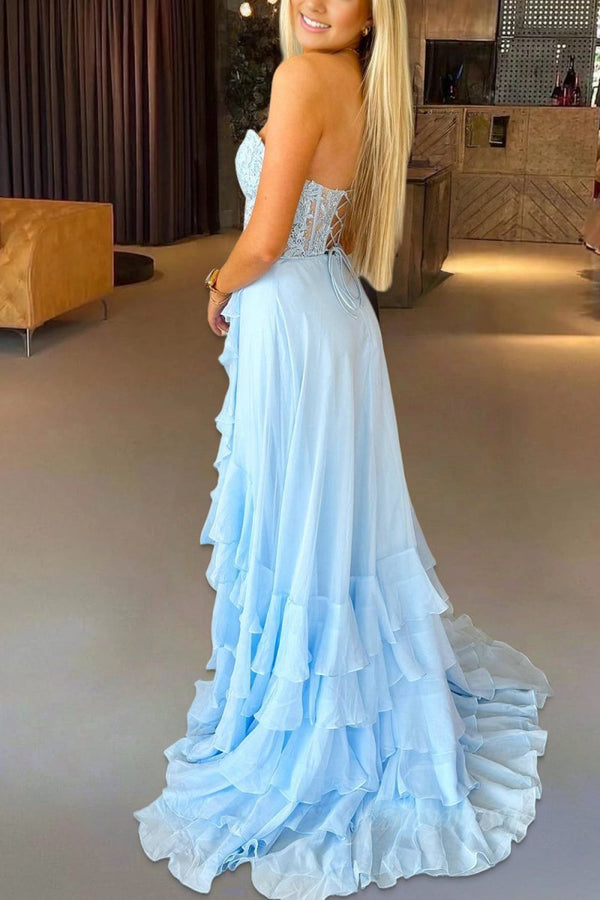 Tamira | Sky Blue - Strapless Chiffon Ruffled A Line Long Prom Dresses With Appliques - KissProm
