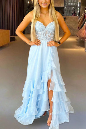 Tamira | Sky Blue - Strapless Chiffon Ruffled A Line Long Prom Dresses With Appliques - KissProm
