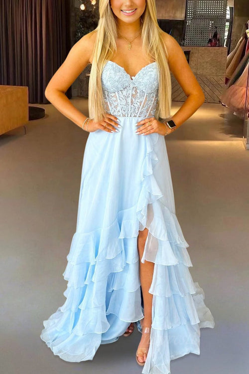 Tamira | Sky Blue - Strapless Chiffon Ruffled A Line Long Prom Dresses With Appliques - KissProm