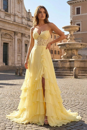 Yellow - Strapless Chiffon Ruffled A Line Long Prom Dresses With Appliques - KissProm