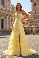 Yellow - Strapless Chiffon Ruffled A Line Long Prom Dresses With Appliques - KissProm