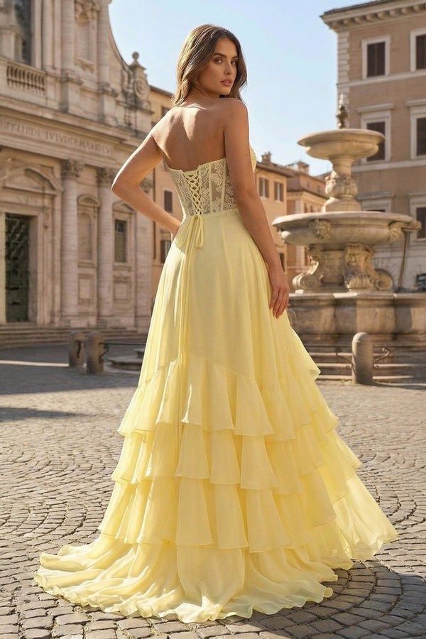 KissProm Yellow Sweetheart Chiffon Ruffled A Line Long Prom Dresses With Appliques, Yellow / 2