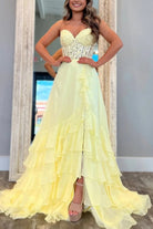 Tamira | Yellow - Strapless Chiffon Ruffled A Line Long Prom Dresses With Appliques - KissProm