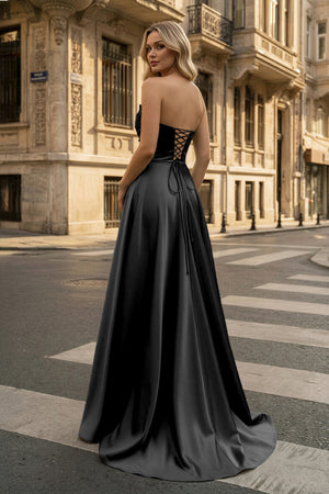 KissProm-Strapless Black Satin A-line Long Prom Dress With Slit