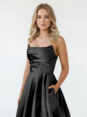 Tanzie | Strapless Black  Satin A - line Long Prom Dress With Slit - KissProm