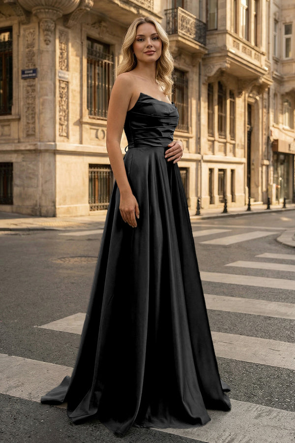 KissProm-Strapless Black Satin A-line Long Prom Dress With Slit