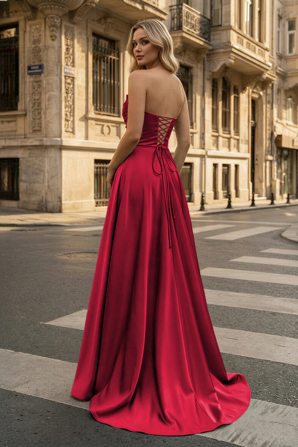 KissProm-Strapless Burgundy Satin A-line Long Prom Dress With Slit
