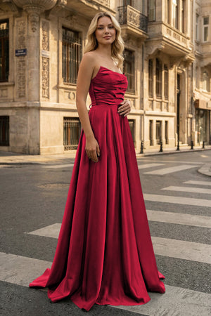 KissProm-Strapless Burgundy Satin A-line Long Prom Dress With Slit