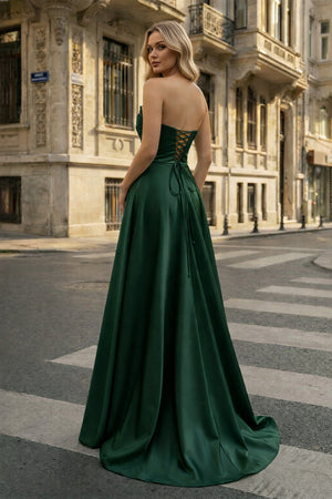 KissProm-Dark Green Strapless  Satin A-line Long Prom Dress With Slit