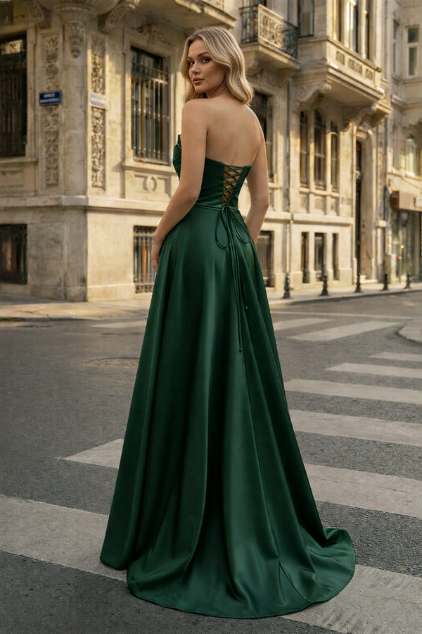KissProm-Dark Green Strapless  Satin A-line Long Prom Dress With Slit