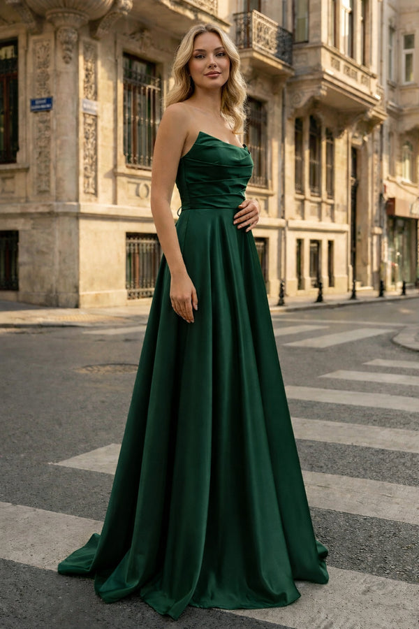 KissProm-Dark Green Strapless  Satin A-line Long Prom Dress With Slit