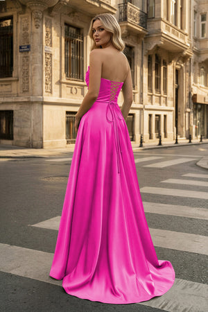 KissProm-Strapless Fuchsia Satin A-line Long Prom Dress With Slit