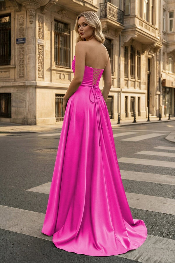 Strapless Sage Green Satin A - line Long Prom Dress With Slit - KissProm